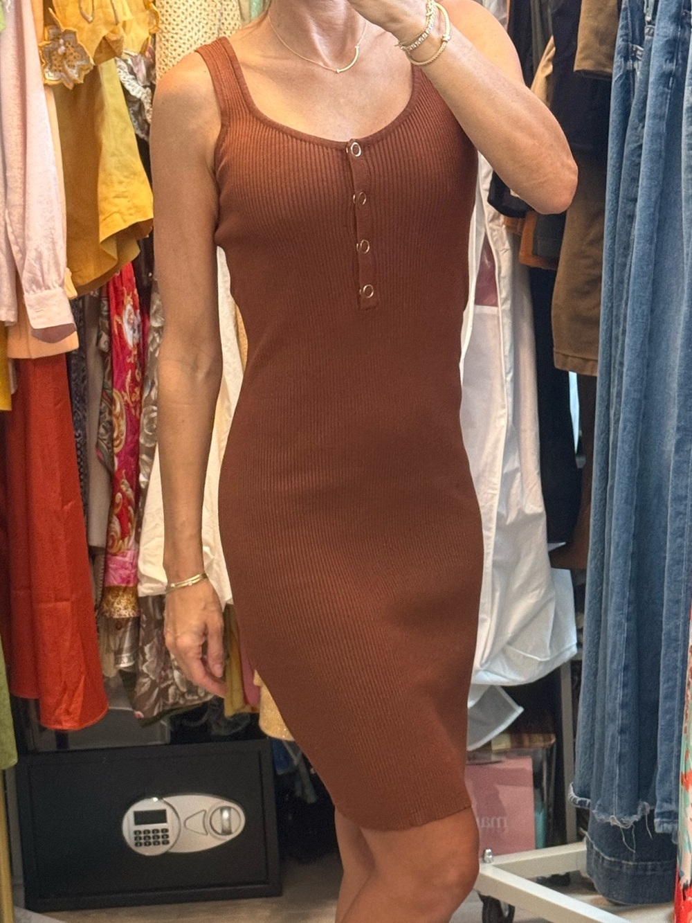 Guess Ribbed Tank Midi Dress in Brown